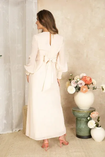 Hope & Ivy Jayda Embellished Puff Sleeve Midi Dress in Ivory