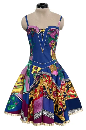 Iconic Spring 1992 Versace by Gianni Versace Jeans Couture Floral Print Full Skirt Halter Mini Dress