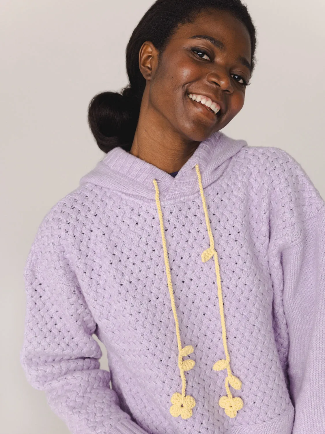 Žilvinas: Lilac Merino Wool Hoodie With Oat Milk Flower