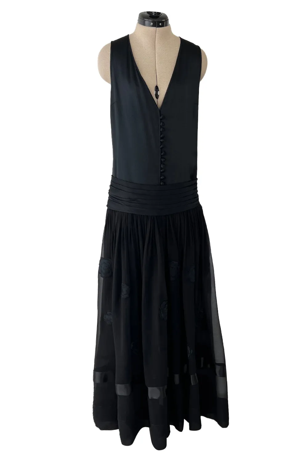 Incredible 1990s Chanel by Karl Lagerfeld Silk & Silk Chiffon Jumpsuit w Camellia Applique Overskirt