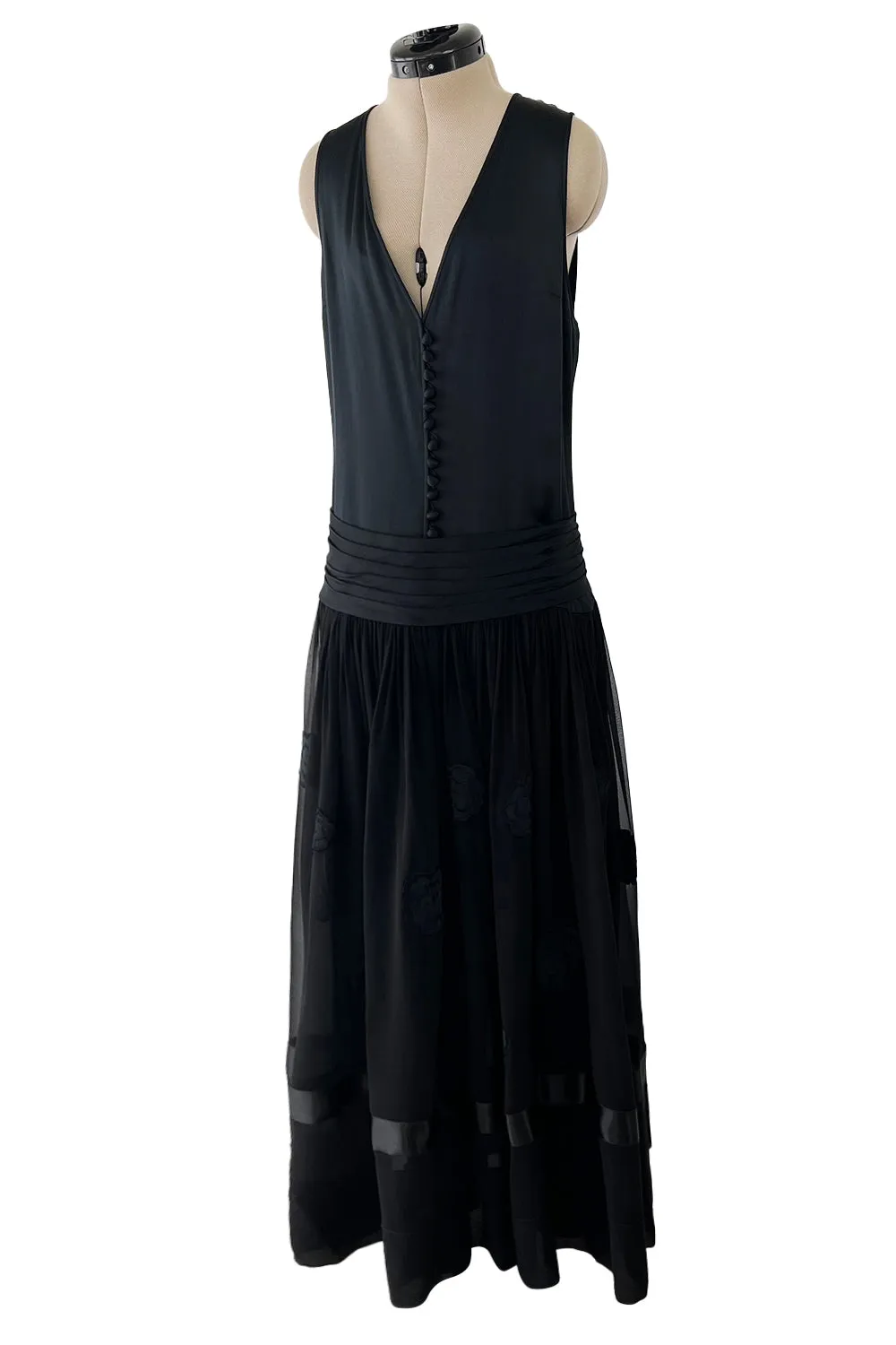 Incredible 1990s Chanel by Karl Lagerfeld Silk & Silk Chiffon Jumpsuit w Camellia Applique Overskirt