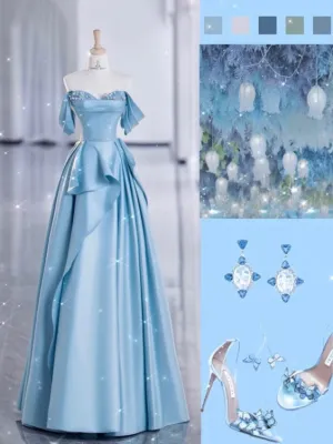 JazzHer Pretty Ball Gown Off The Shoulder Long Light Blue Satin Floor Length Prom Dresses (PRE-ORDER)