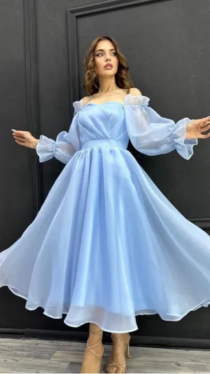 JazzHer Vintage A Line Strapless Light Sky Blue Organza Prom Dresses Evening Dress (PRE-ORDER)