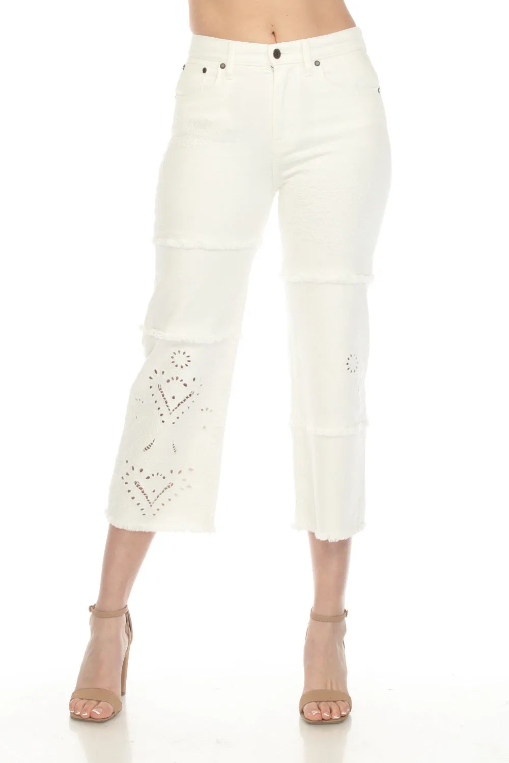 Johnny Was JWLA White Sevilla Cropped Wide Leg Denim Jeans Boho Chic JWD1096