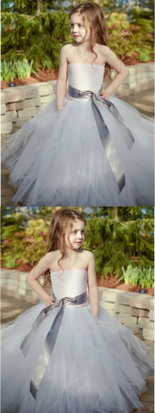 Junior A-Line Strapless Floor-Length Light Grey Tulle  Lovely New Flower Girl Dresses, FG124