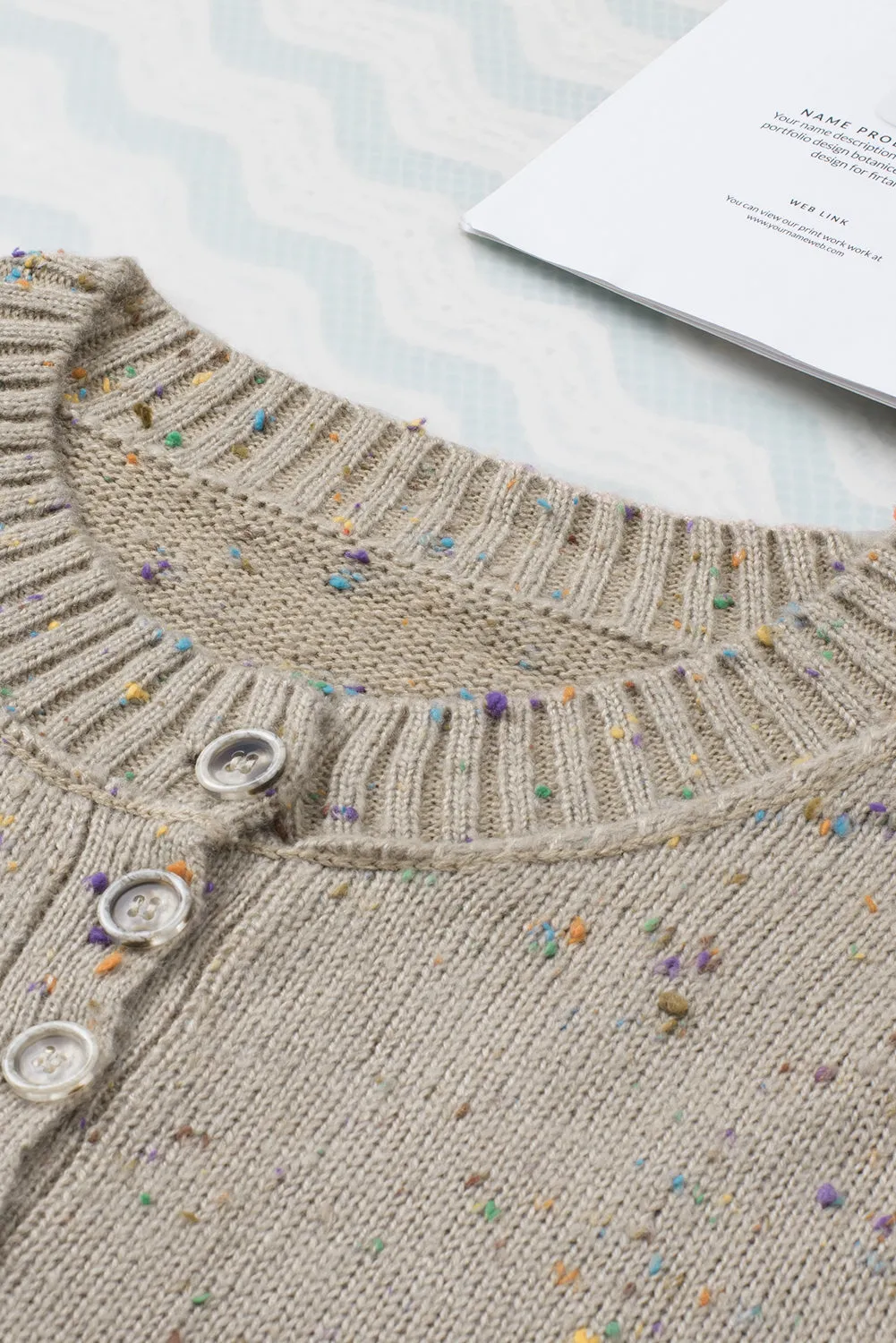Khaki Buttoned V Neck Colorful Pilling Sweater