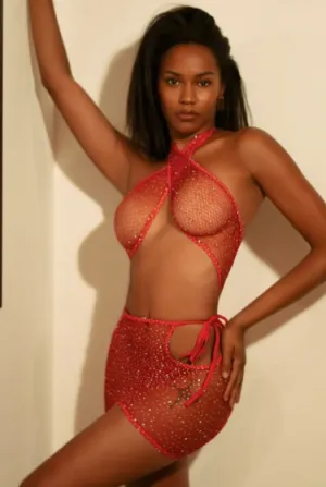 Killer Legs Wrap Around Rhinestone Bodystocking With Thong - Red 818JT34