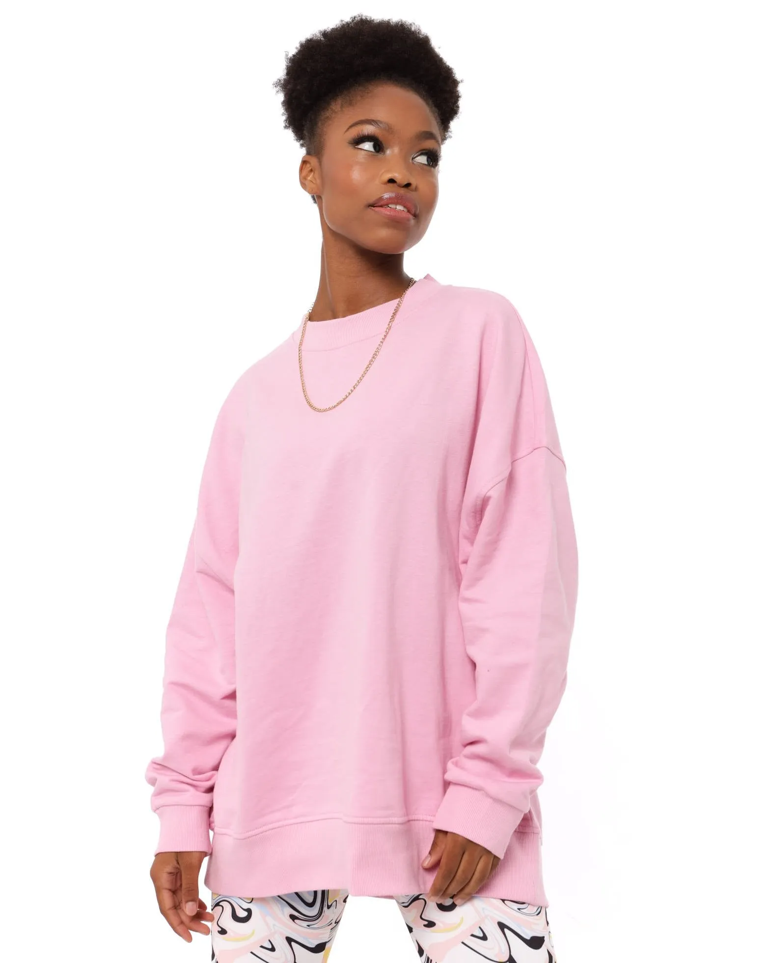Ladies Plain Oversized Crew Fleece Top - Pink