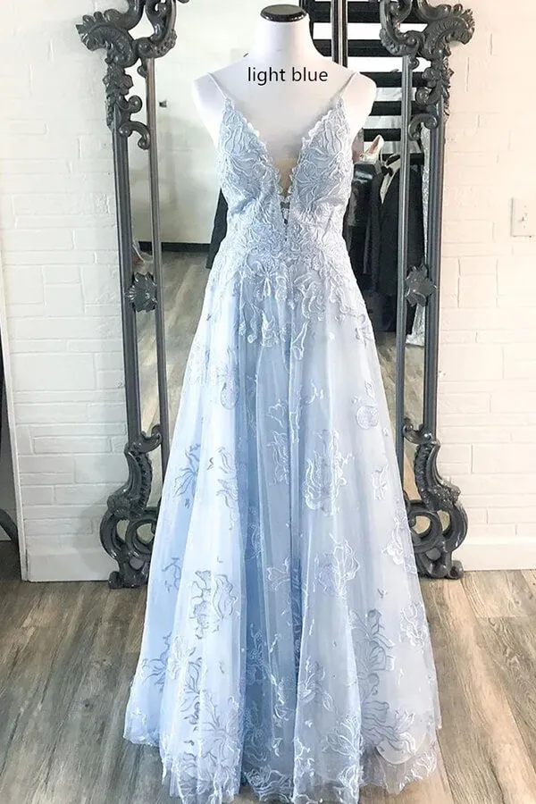 Lavender A-line V-neck Spaghetti Straps Lace Appliques Long Prom Dress, SP864
