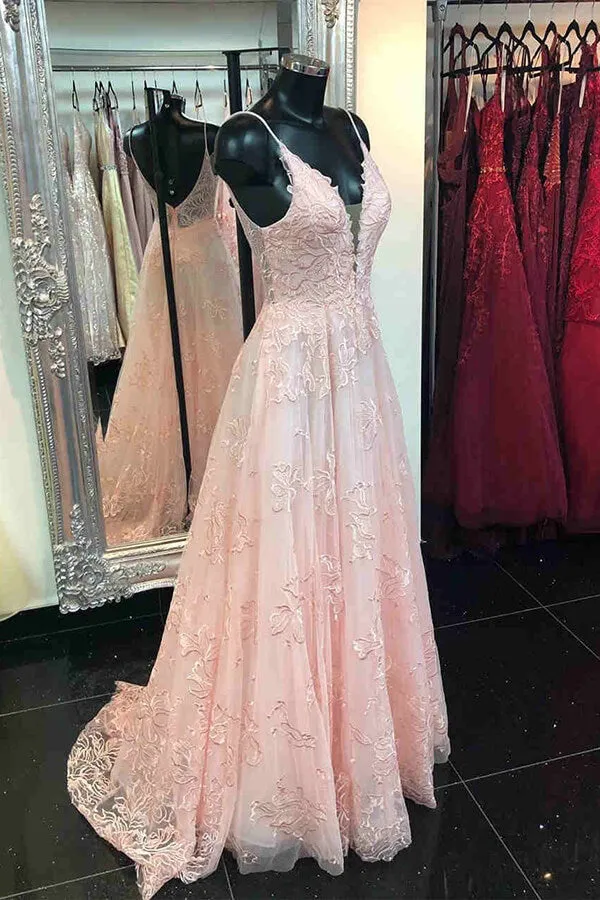 Lavender A-line V-neck Spaghetti Straps Lace Appliques Long Prom Dress, SP864