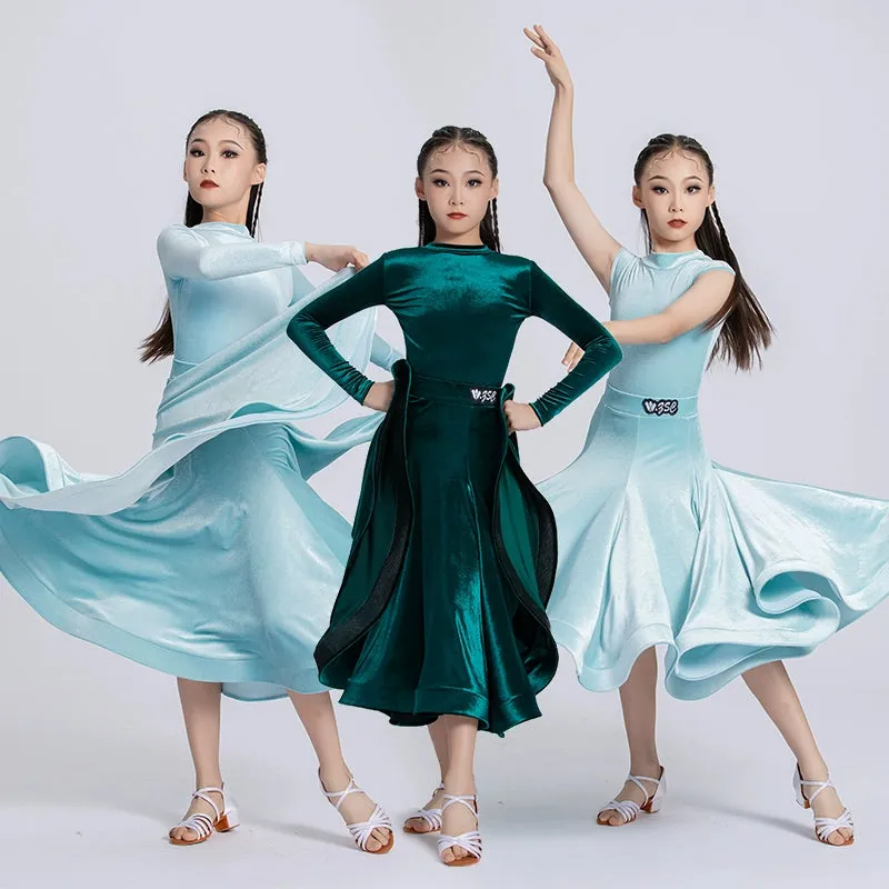 Light Blue Dark Green Velvet Ballroom Dance Dresses for Girls Kids Waltz Tango Rhythm Party Dance Ballroom Gown Performance Training Outfits