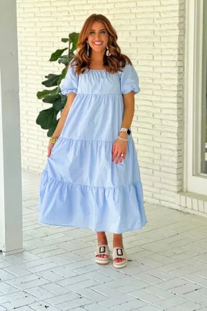 Light Blue Puff Sleeve Tiered Midi Dress