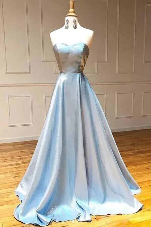 Light Blue Satin A-line Strapless Simple Prom Dresses, Long Formal Dress, MP788