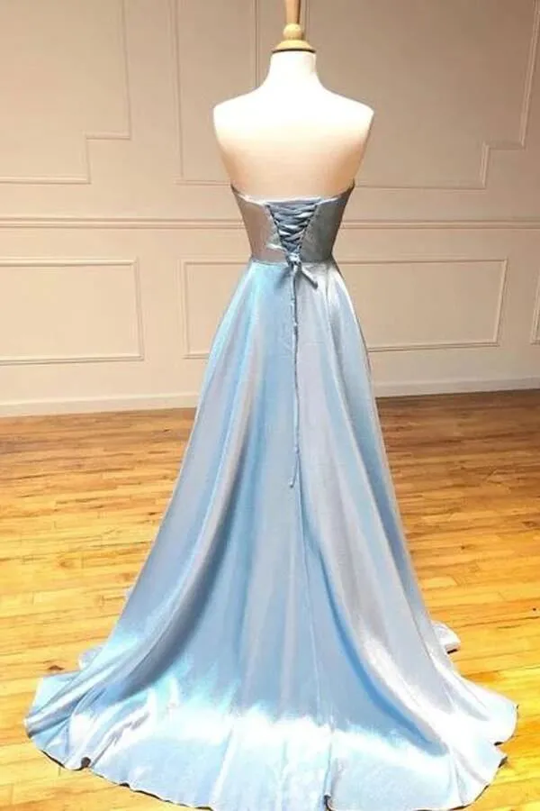 Light Blue Satin A-line Strapless Simple Prom Dresses, Long Formal Dress, MP788