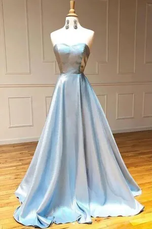 Light Blue Satin A-line Strapless Simple Prom Dresses, Long Formal Dress, MP788