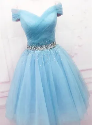 Light Blue Short Tulle Prom Dresses, Short Off the Shoulder Blue Formal Homecoming Dresses