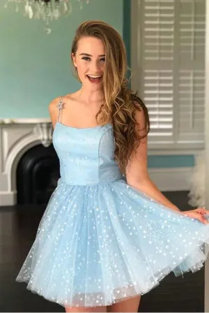 Light Blue Tulle A-line Scoop Spaghetti Straps Short Homecoming Dresses, MH613