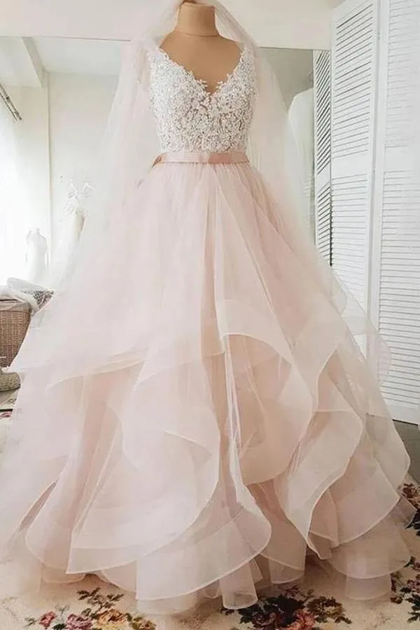 Light Pink Tulle Ball Gown V-neck Lace Wedding Dresses, Bridal Gowns, MW719
