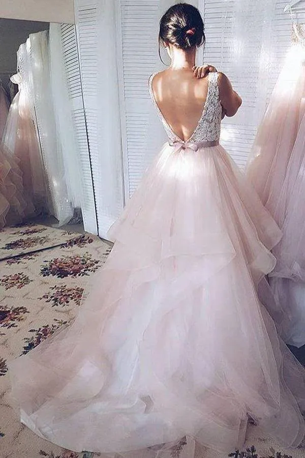 Light Pink Tulle Ball Gown V-neck Lace Wedding Dresses, Bridal Gowns, MW719