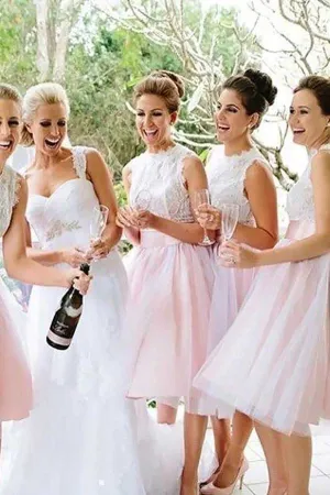 Light Pink Tulle Lace A-line Short Bridesmaid Dresses, Wedding Party Dress, MBD181