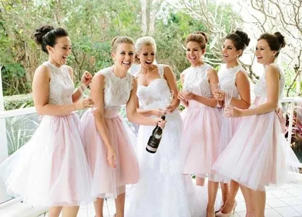 Light Pink Tulle Lace A-line Short Bridesmaid Dresses, Wedding Party Dress, MBD181