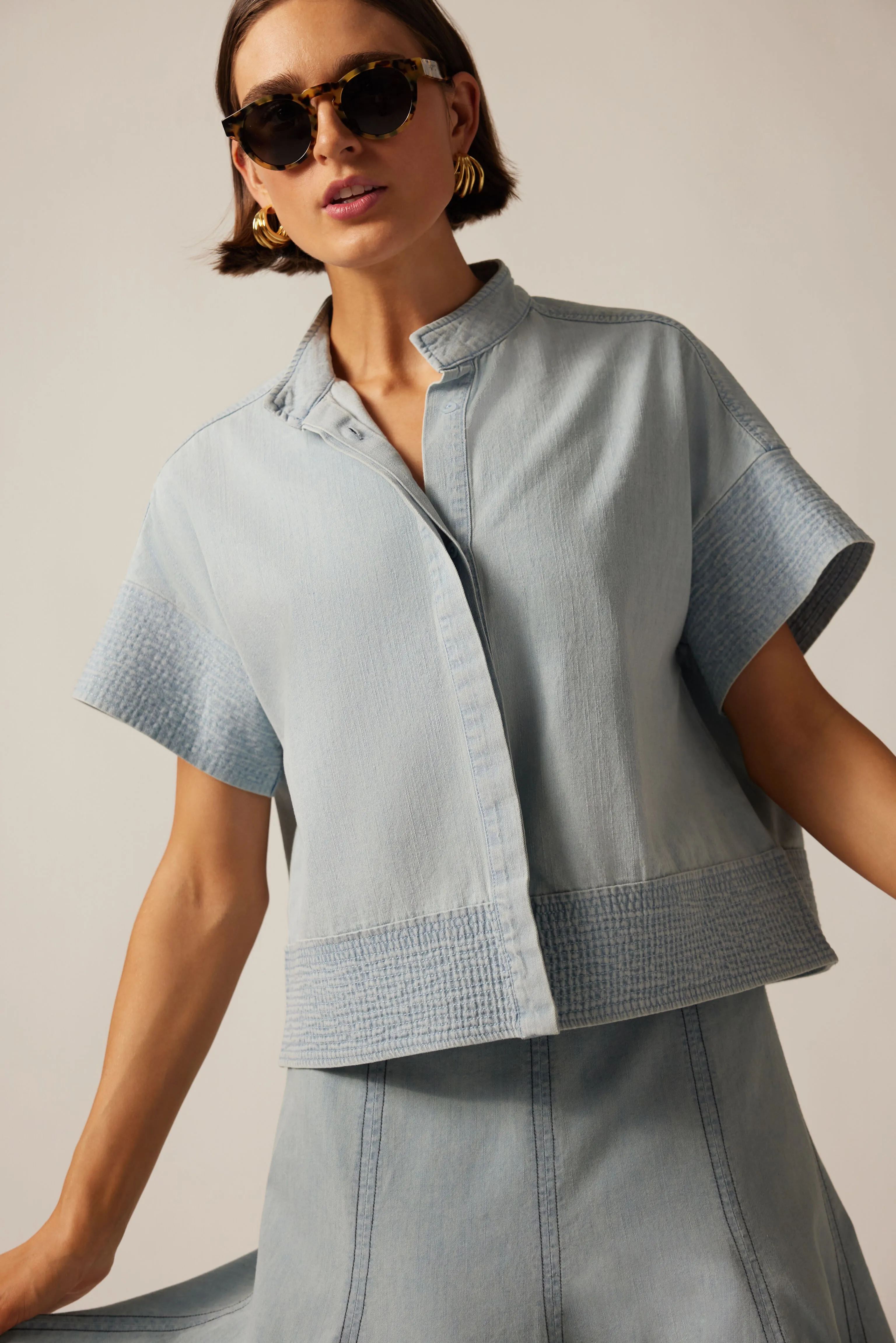 Light Wash Denim Trapunto Stitch Sofia Shirt