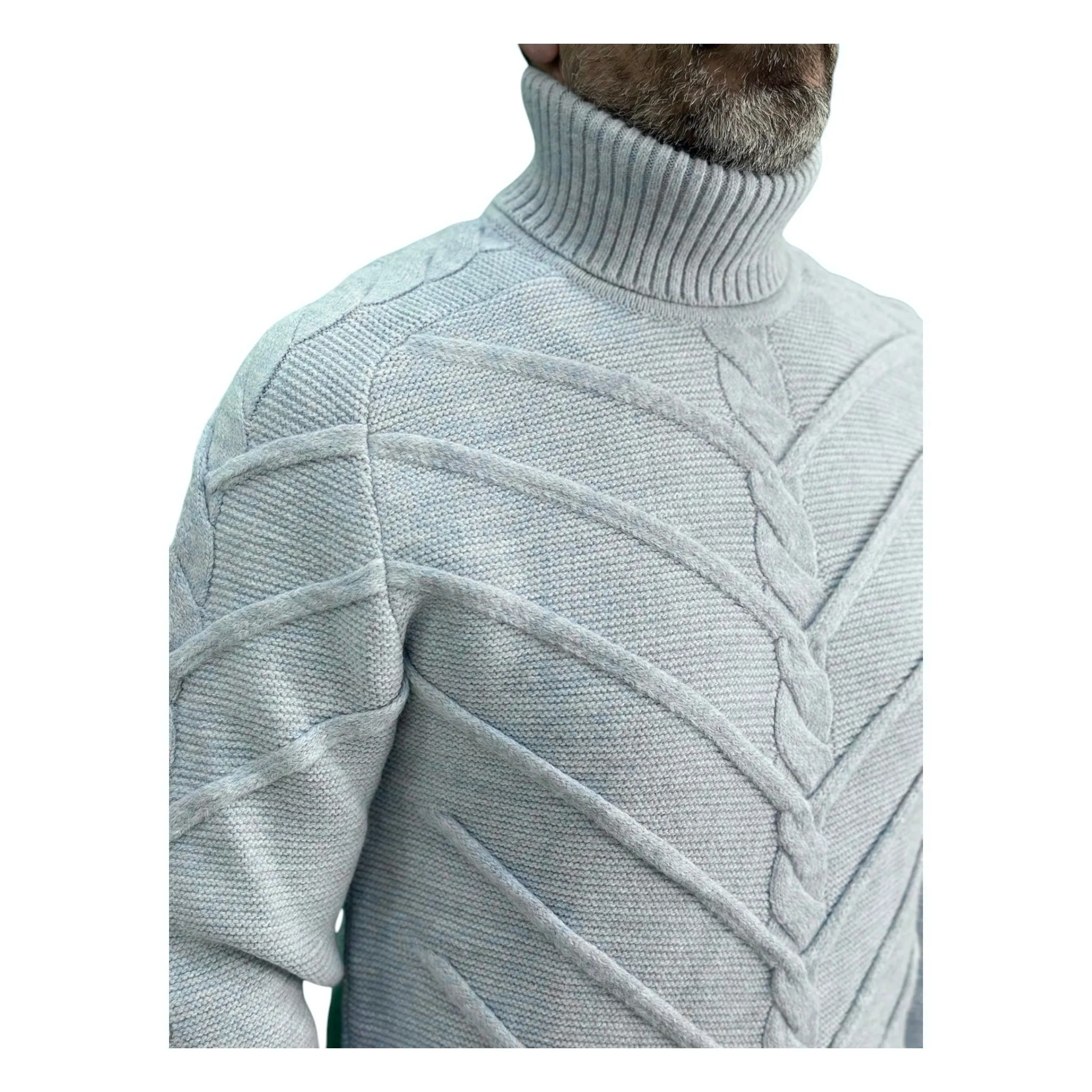 Lightest Blue  Men's Chunky Turtleneck Sweater -100% Real  Wool