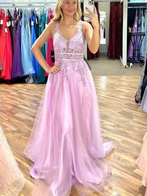 Lilac A Line V Neck Beaded Appliques Sleeveless Tulle Long Prom Dress， V Neck Purple Lace Backless Formal Evening Dress
