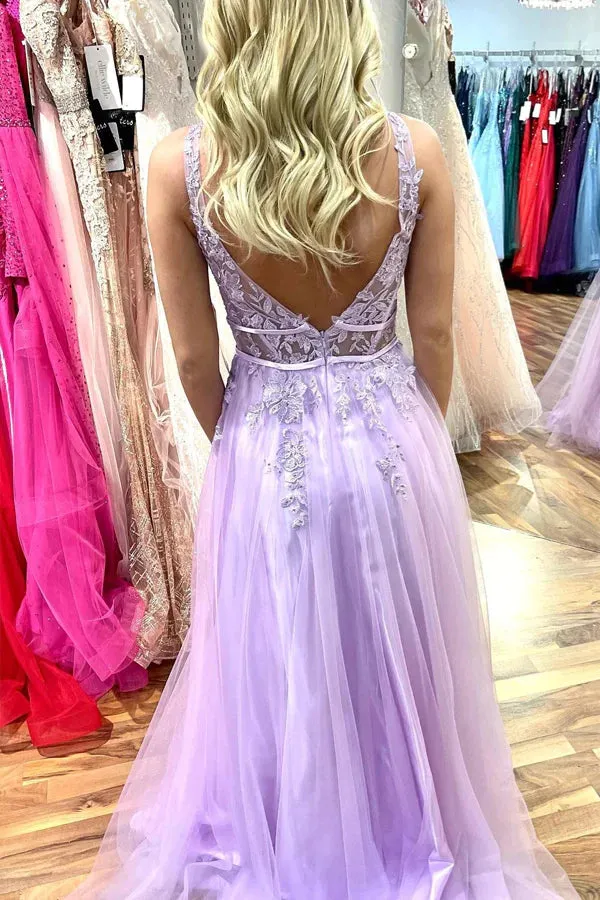 Lilac A Line V Neck Beaded Appliques Sleeveless Tulle Long Prom Dress， V Neck Purple Lace Backless Formal Evening Dress