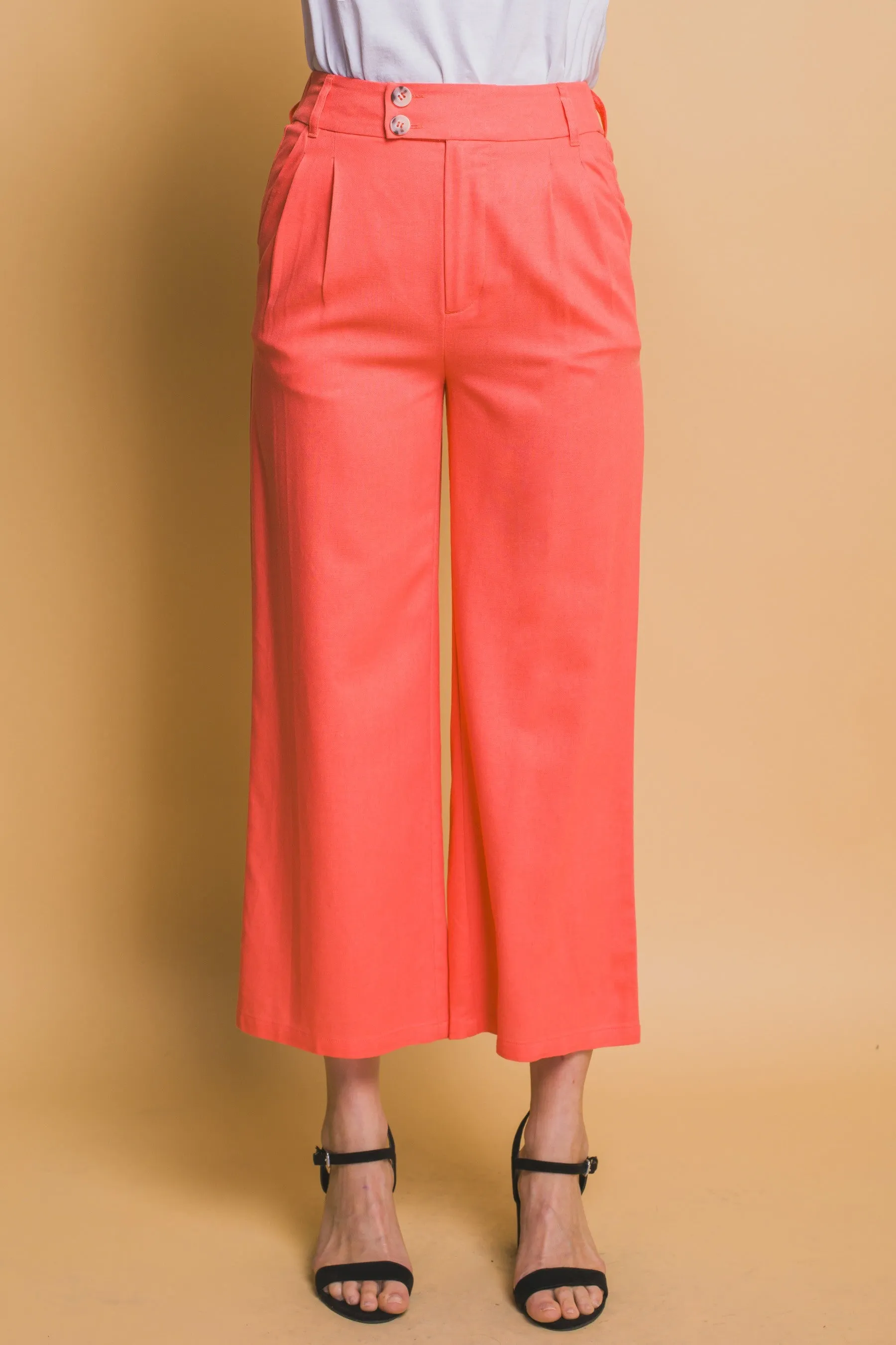 Linen Cropped Pants in Sunset Coral