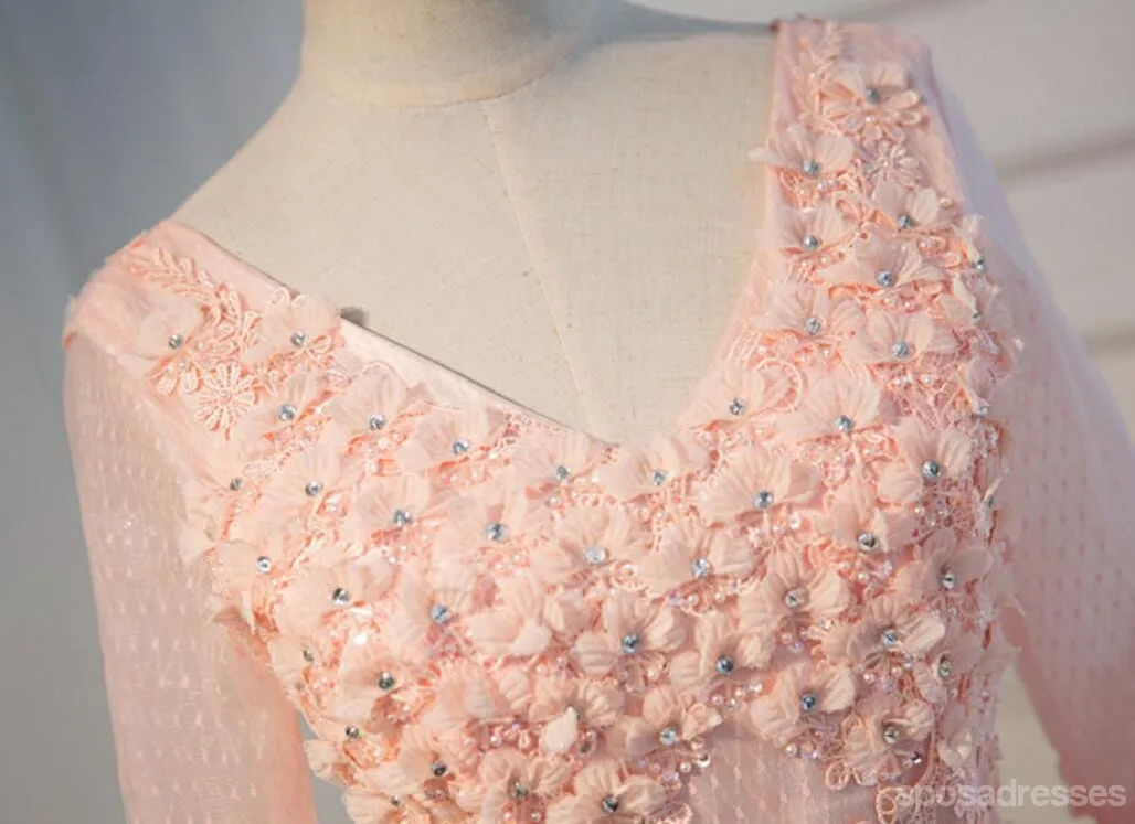 Long Sleeve Light Peach Open Back See Through Lace Cute Homecoming Prom Dresses, Affordable Short Party Prom Dresses, Perfect Homecoming Dresses, CM318