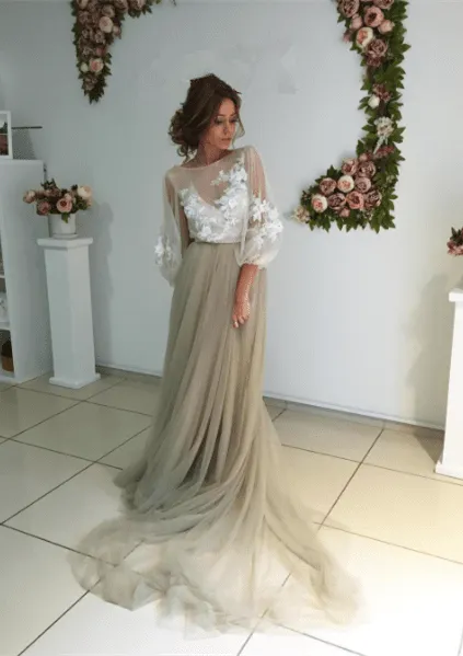 Long Sleeve White Lace Top See Through Elegant Long A-line Tulle Prom Dresses, PD0536