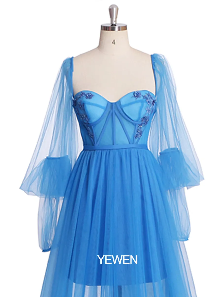 Long Sleeves Off Shoulder Floor Length Slipt Front Tulle Prom Gown