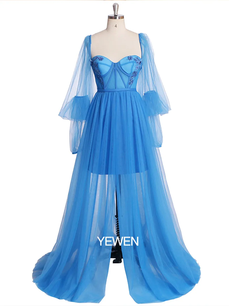 Long Sleeves Off Shoulder Floor Length Slipt Front Tulle Prom Gown