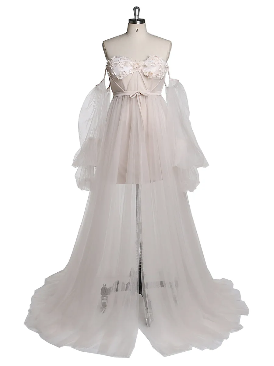 Long Sleeves Off Shoulder Floor Length Slipt Front Tulle Prom Gown
