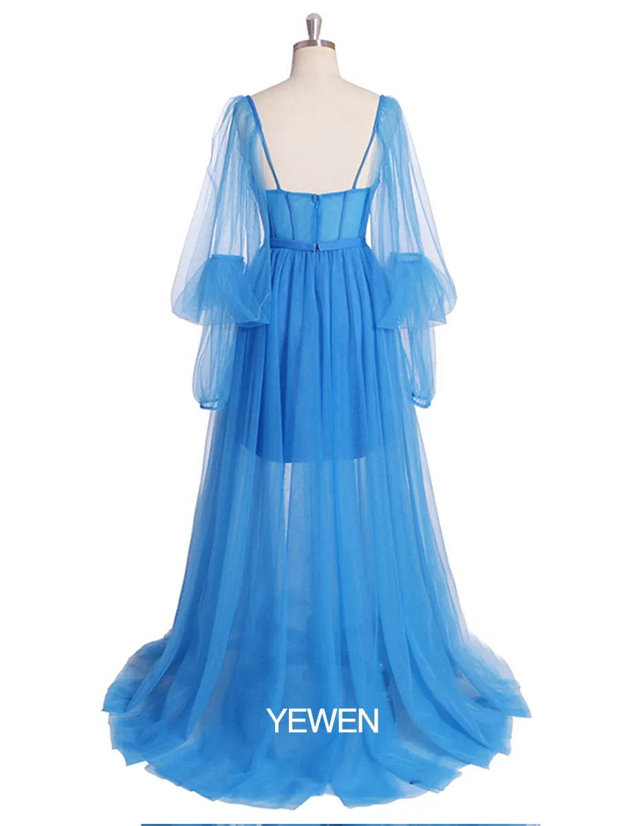 Long Sleeves Off Shoulder Floor Length Slipt Front Tulle Prom Gown