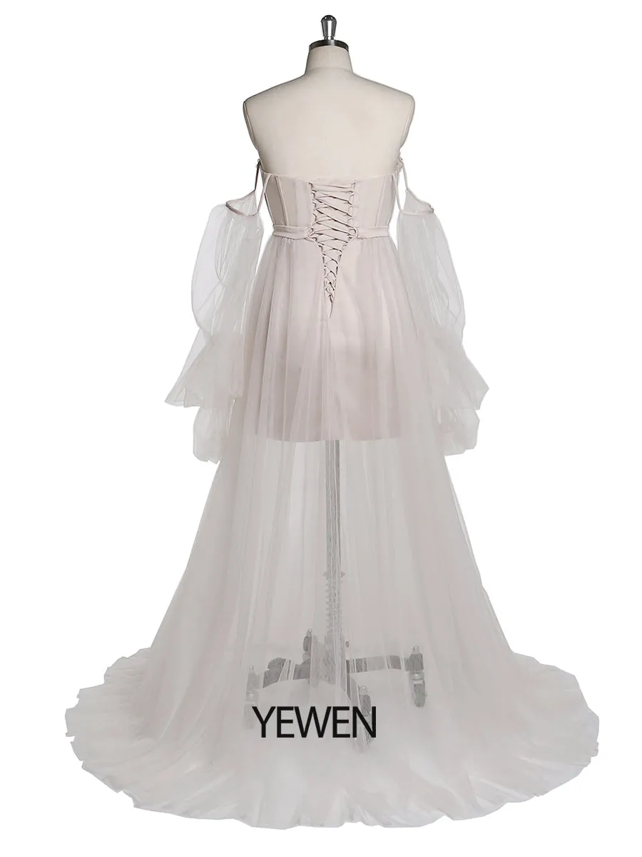 Long Sleeves Off Shoulder Floor Length Slipt Front Tulle Prom Gown