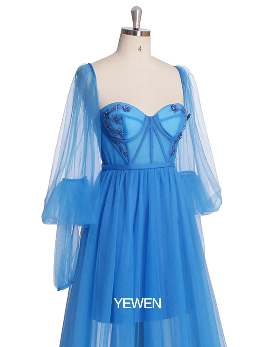 Long Sleeves Off Shoulder Floor Length Slipt Front Tulle Prom Gown