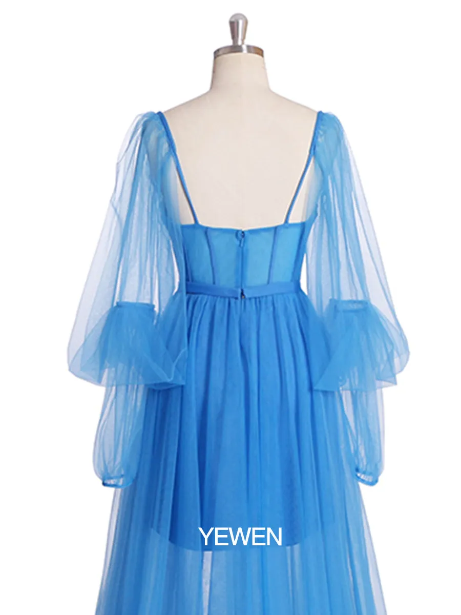 Long Sleeves Off Shoulder Floor Length Slipt Front Tulle Prom Gown