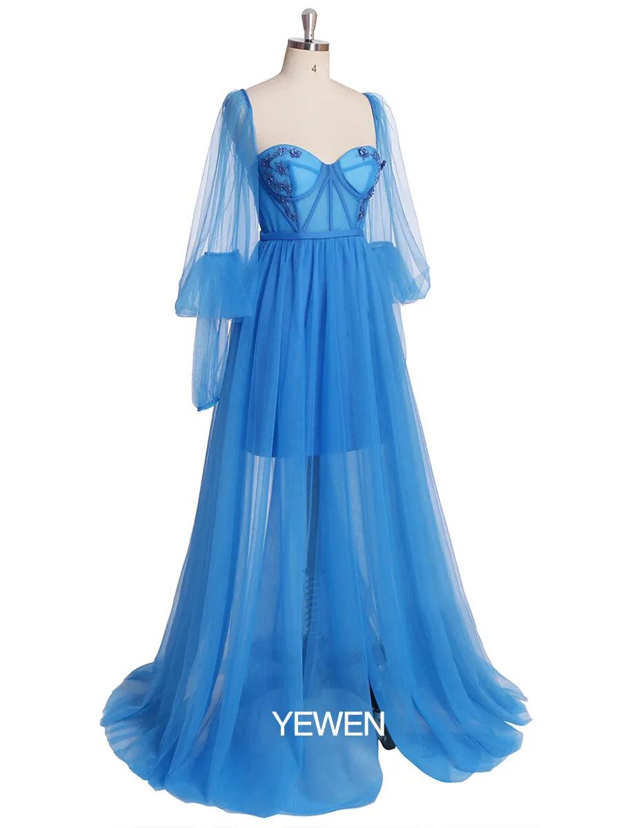 Long Sleeves Off Shoulder Floor Length Slipt Front Tulle Prom Gown