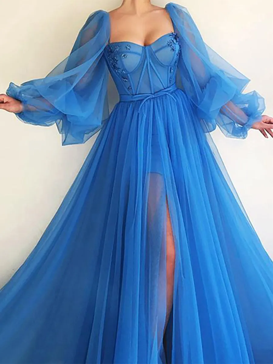 Long Sleeves Off Shoulder Floor Length Slipt Front Tulle Prom Gown