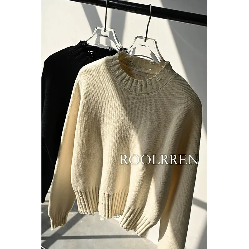 Long-Staple Distressed Knit Sweater