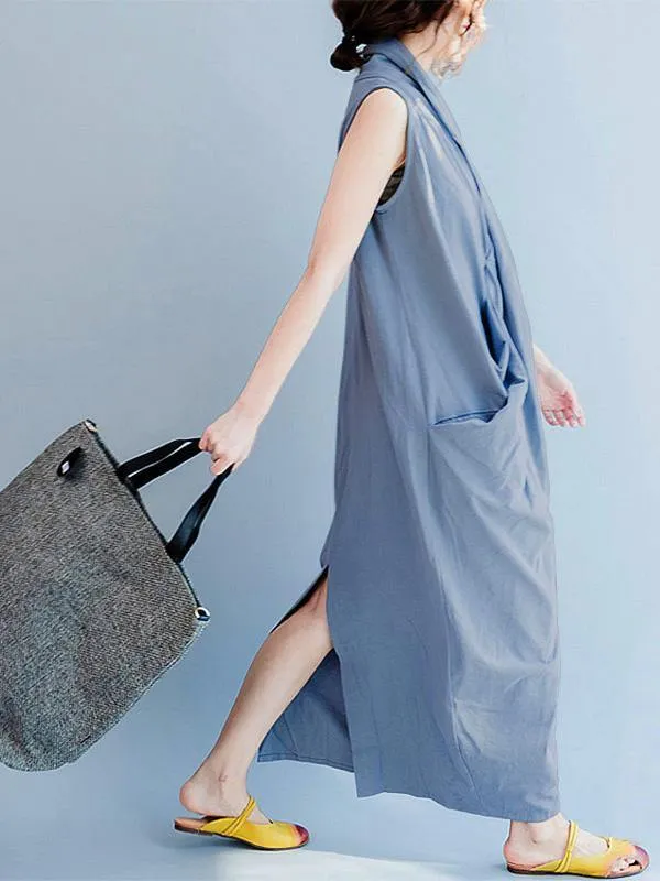 Loose Gray-blue Cropped Pockets Long Dress