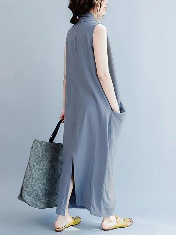 Loose Gray-blue Cropped Pockets Long Dress