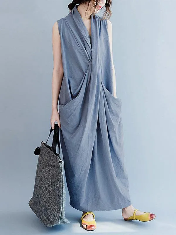 Loose Gray-blue Cropped Pockets Long Dress
