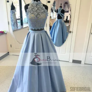 Lovely Lace Beaded Prom Dresses, Satin Prom Dresses, High Neck Prom Dresses, PD0413