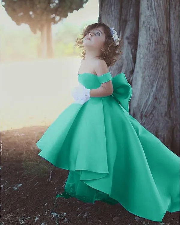 Lovely Light Blue Flower Girls Dresses 2018 Ball Gown with Big Bow Cap Sleeves Long Train