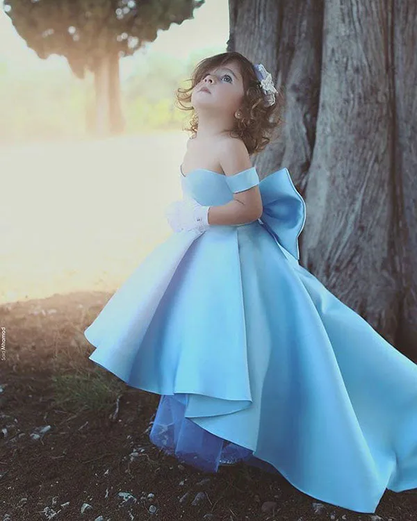 Lovely Light Blue Flower Girls Dresses 2018 Ball Gown with Big Bow Cap Sleeves Long Train