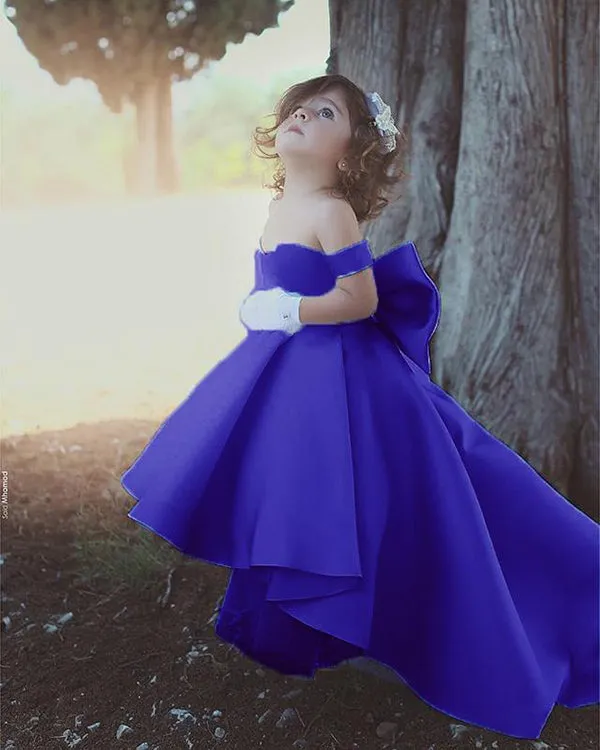 Lovely Light Blue Flower Girls Dresses 2018 Ball Gown with Big Bow Cap Sleeves Long Train
