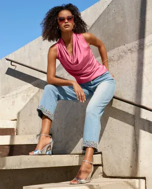 Malibu La Sirena Crystal and Pearl Cropped Palazzo Jean Light Wash Denim